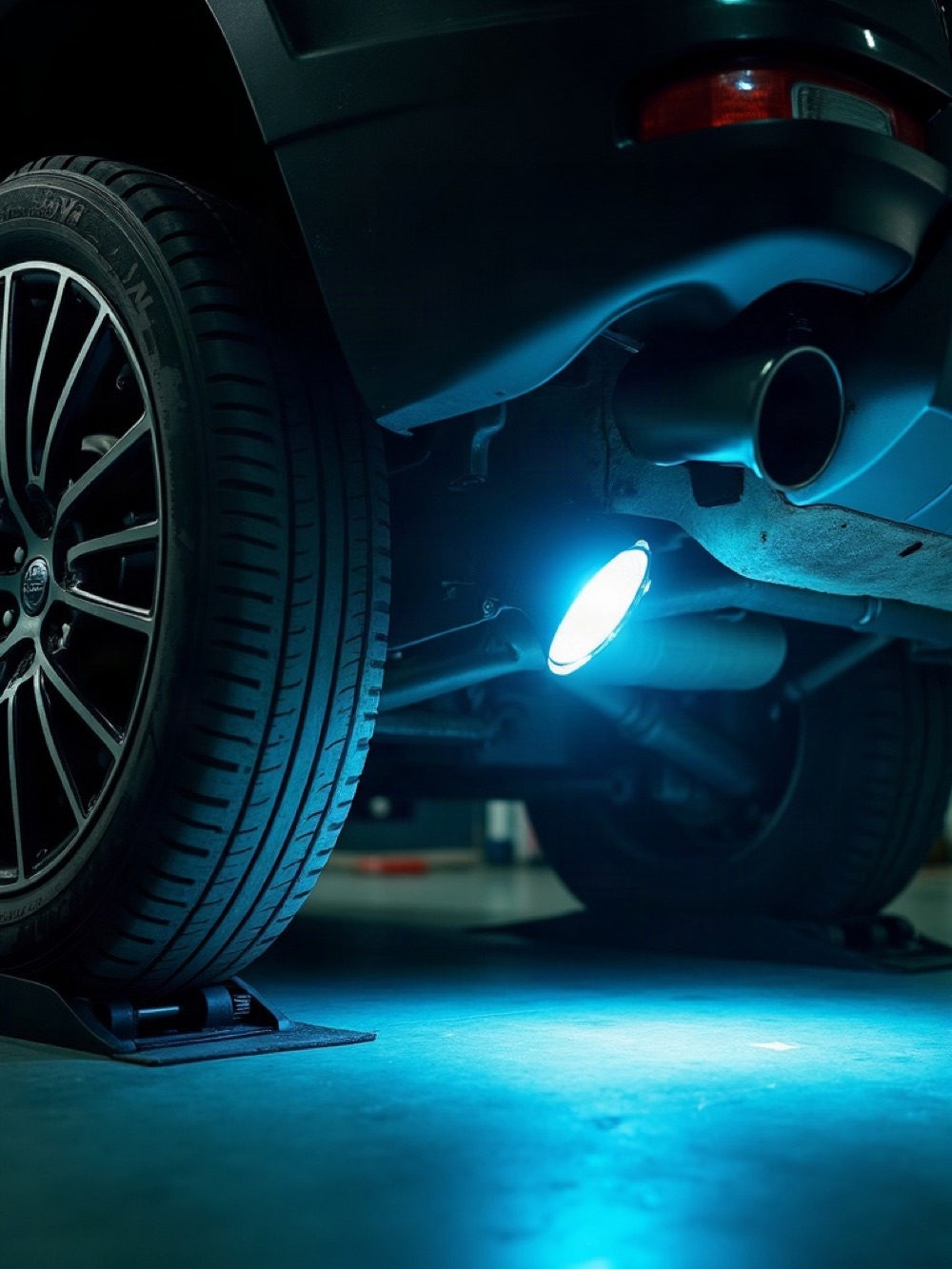 Vehicle underbody and exhaust on a lift, lit by an inspection lamp