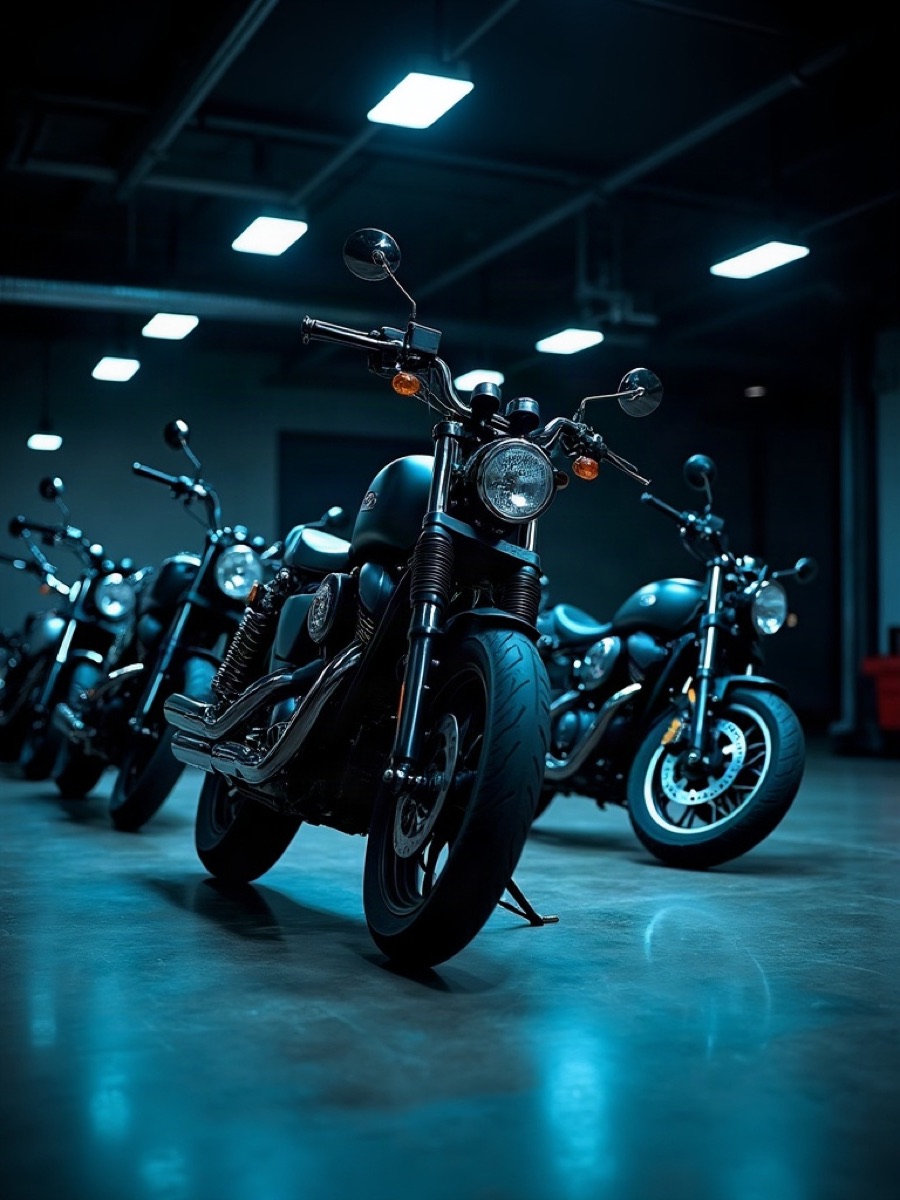 Street motorcycles lined up in a dark showroom