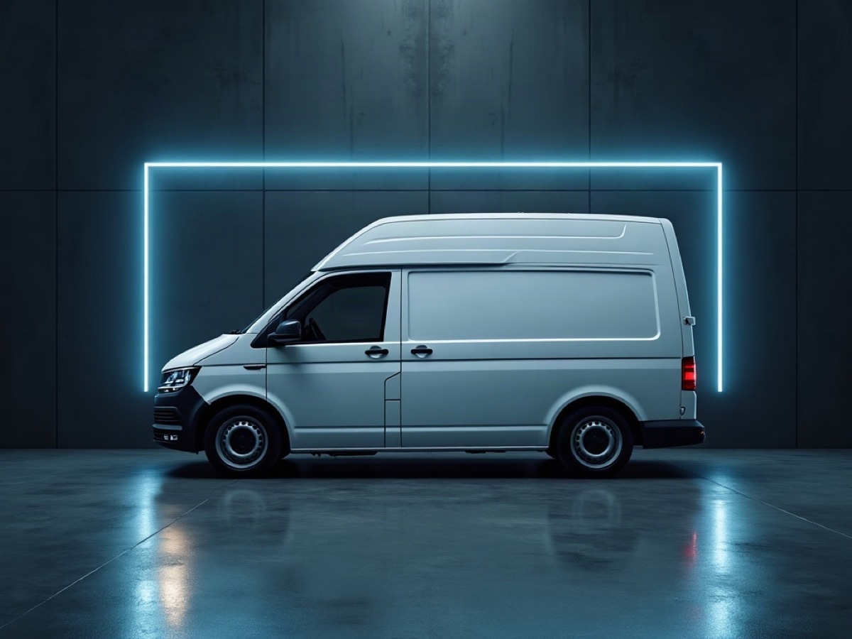 White high-roof van in a dark bay with an electric-blue light frame