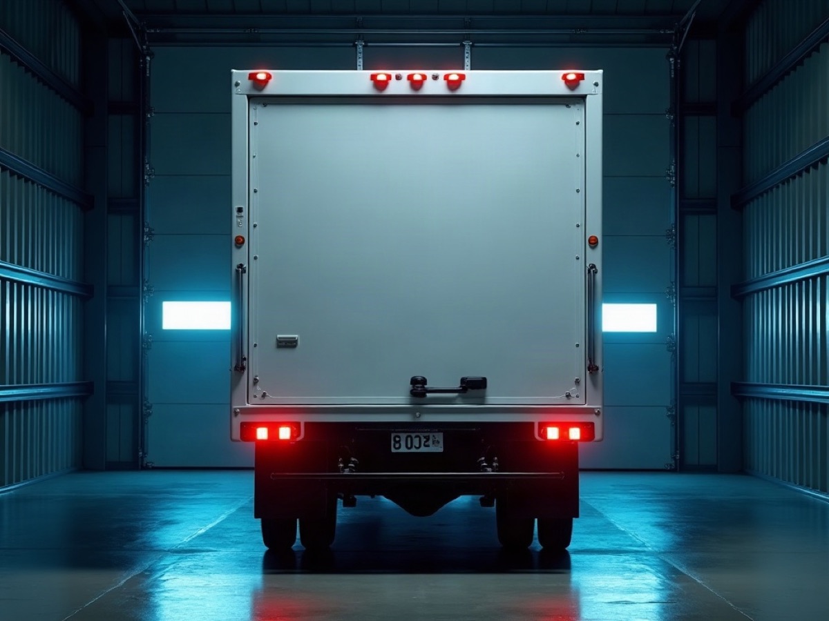 Purpose-built utility vehicle in a dark garage with steel walls and blue light